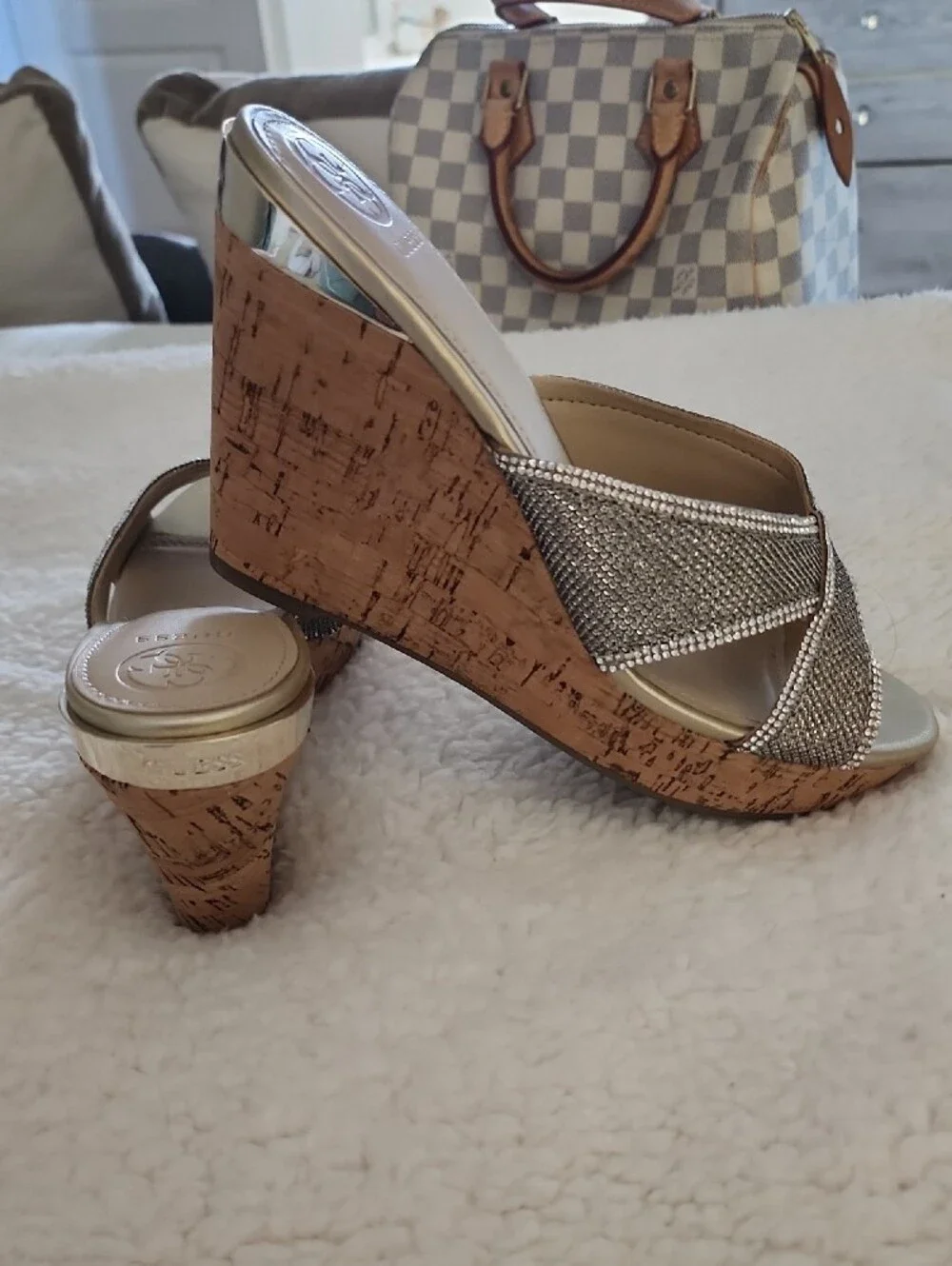 GUESS Metallic Taupe Crystal-Trim Cork Wedge Sandals